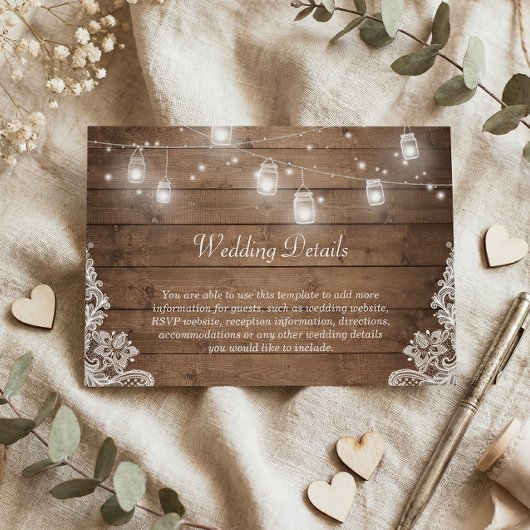 Informatie over Rustic Mason Jar Lights Lozing Wed Informatiekaartje