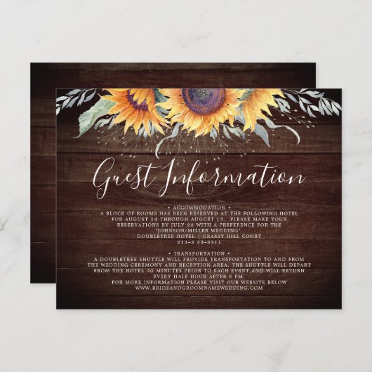 Informatie over Rustige Sunflower Bloom Gast Informatiekaartje (Voorkant / Achterkant)