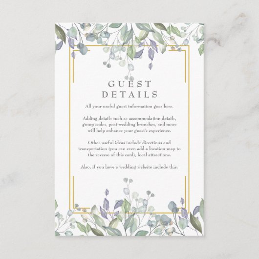 Informatie over Sage- en Lila Florence-gast Informatiekaartje (Voorkant)