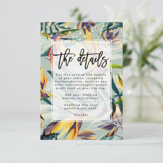 Informatie over tropische oerwouden florale bruilo informatiekaartje (Staand voorkant)