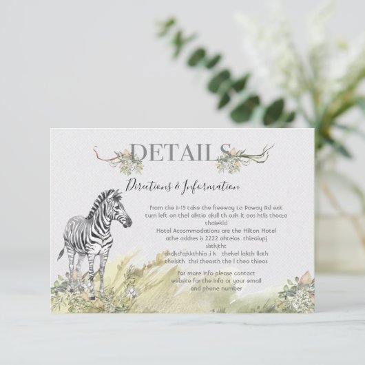 Informatie over Tropische Oerwouden Zebra bruiloft RSVP Kaartje (Staand voorkant)