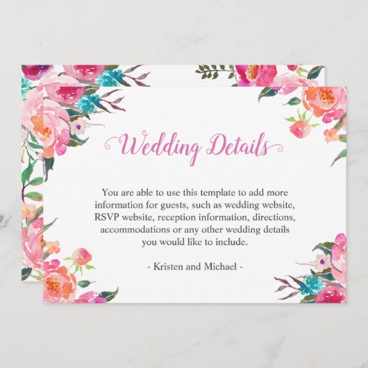 Informatie over waterverf botanische Floral Weddin Kaart (Voorkant / Achterkant)