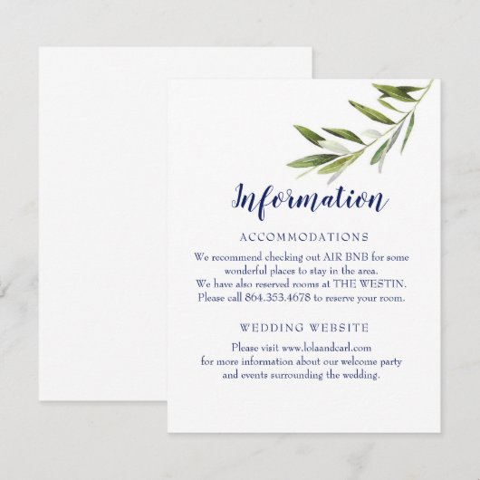 Informatiekaart voor olijfbijkantoren voor bruilof informatiekaartje (Voorkant / Achterkant)