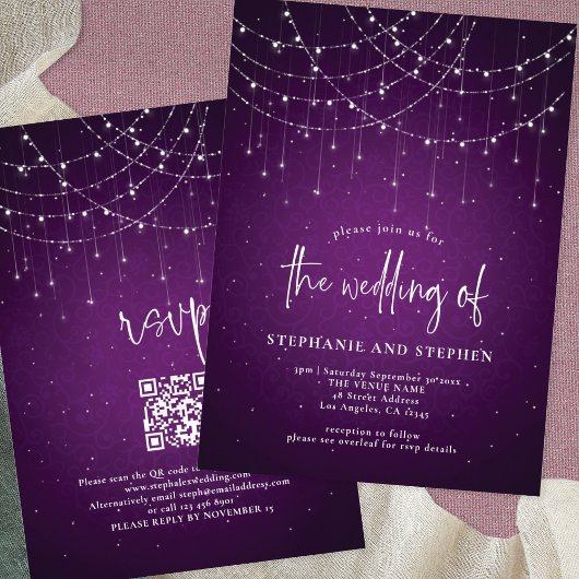 Informeel Script Paarse String Lights QR Bruiloft Kaart