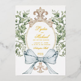 Informele Blad Crest met Strik | Monogram Huwelijk Folie Uitnodiging