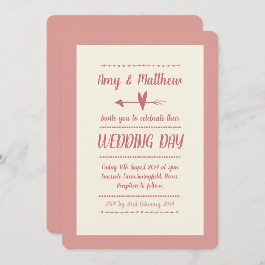 Informele bruiloft uitnodiging Dusky Pink en Cream (Voorkant / Achterkant)