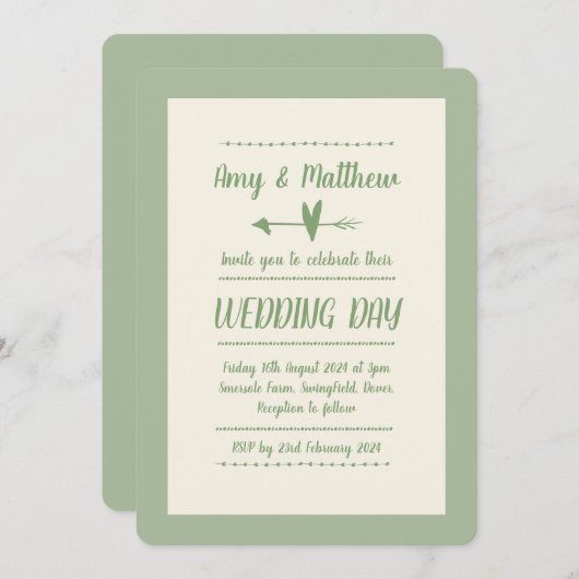Informele bruiloft uitnodiging Sage Groen en Crème (Voorkant / Achterkant)