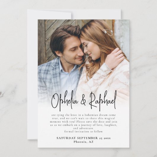 Informele foto overlay script QR code Boho bruilof Save The Date (Voorkant)
