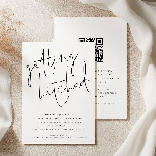 Informele 'Getting Hitched' Script QR Huwelijksuit Kaart