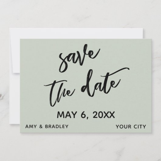 Informele handgeschreven saliegroene trouwtypograf save the date (Voorkant)