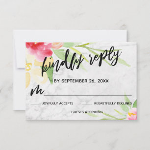 Informele handgeschreven waterverf bloemen marmer RSVP kaartje