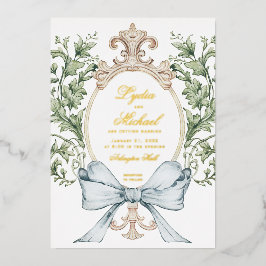 Informele Leaf Crest w / Bow | Monogram bruiloft Folie Uitnodiging