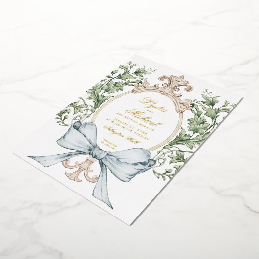 Informele Leaf Crest w / Bow | Monogram bruiloft Folie Uitnodiging (Gedraaid)