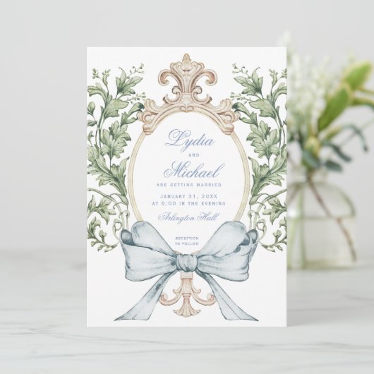 Informele Leaf Crest w / Bow | Monogram bruiloft Kaart (Staand voorkant)