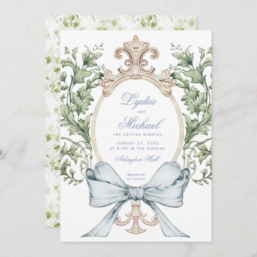 Informele Leaf Crest w / Bow | Monogram bruiloft Kaart (Voorkant / Achterkant)