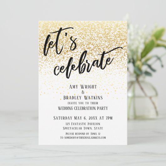 Informele receptie met goudkleurige confetti ter v kaart (Staand voorkant)