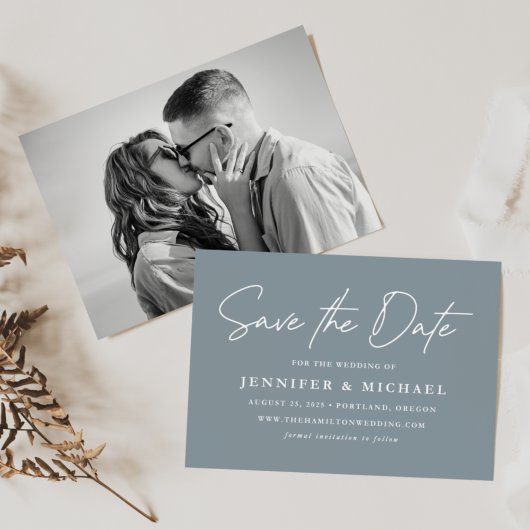 Informele schrift Stofblauwe foto Save The Date