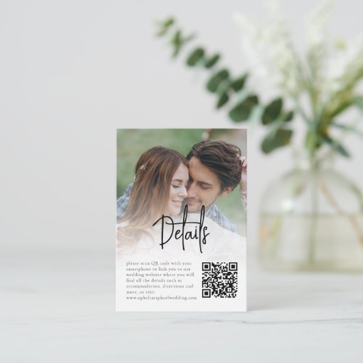 Informele Script foto Overlay QR bruiloft details Informatiekaartje (Staand voorkant)