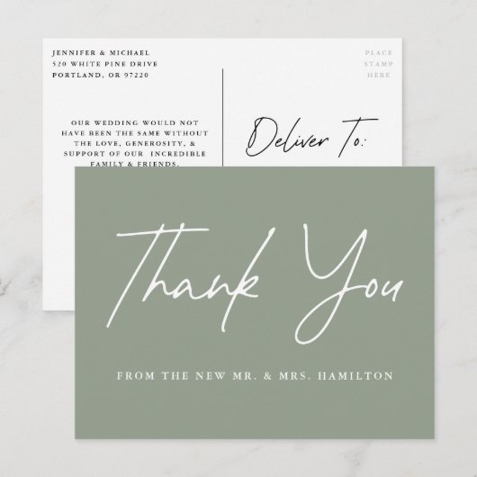 Informele Script Sage Groen Trouw Dankjewel Briefkaart (Voorkant / Achterkant)