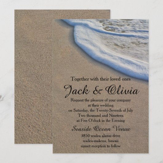 Informele strand zand zee schuim bruiloft kaart (Voorkant / Achterkant)