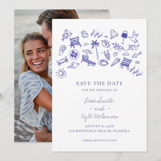 Informele zomer strandtrouwfoto save the date (Voorkant / Achterkant)