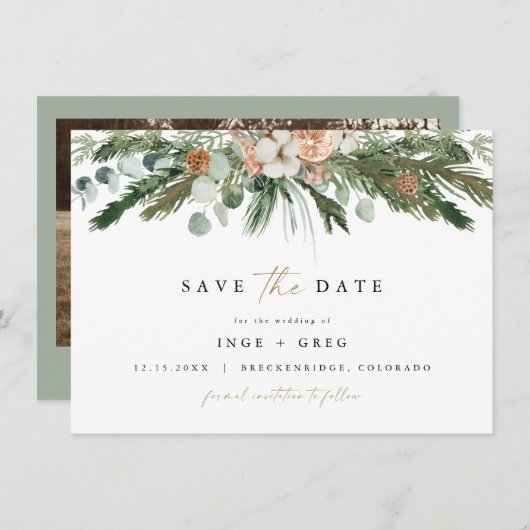 INGE Scandinavian Winter Greenery Save the Date Kaart (Voorkant / Achterkant)