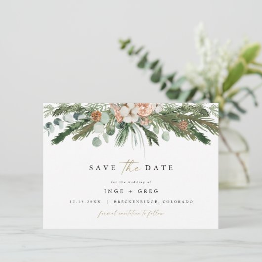 INGE Scandinavian Winter Greenery Save the Date Kaart (Staand voorkant)