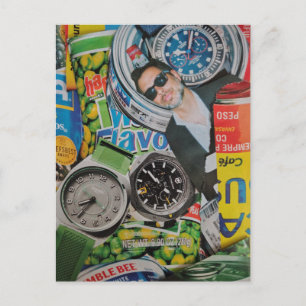 Ingeblikte Horloges Voedsel en Man Collage Ansicht Briefkaart