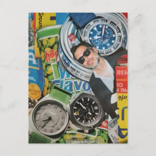 Ingeblikte Voedingsmiddelen Horloges en Man Collag Briefkaart
