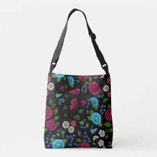 Ingeborduurde Folk Style Roze Blauw Floral Black Crossbody Tas (Achterkant)