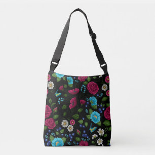 Ingeborduurde Folk Style Roze Blauw Floral Black Crossbody Tas