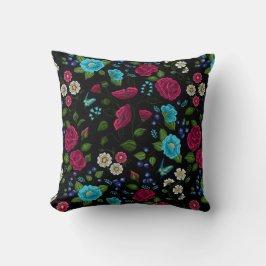Ingeborduurde Folk Style Roze Blauw Floral Black Kussen