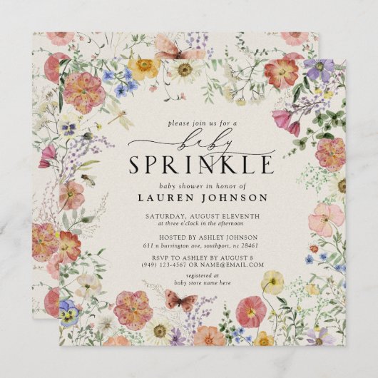 Ingedrukte Wildflower Bloemen Baby Sprinkle Shower Kaart (Voorkant / Achterkant)
