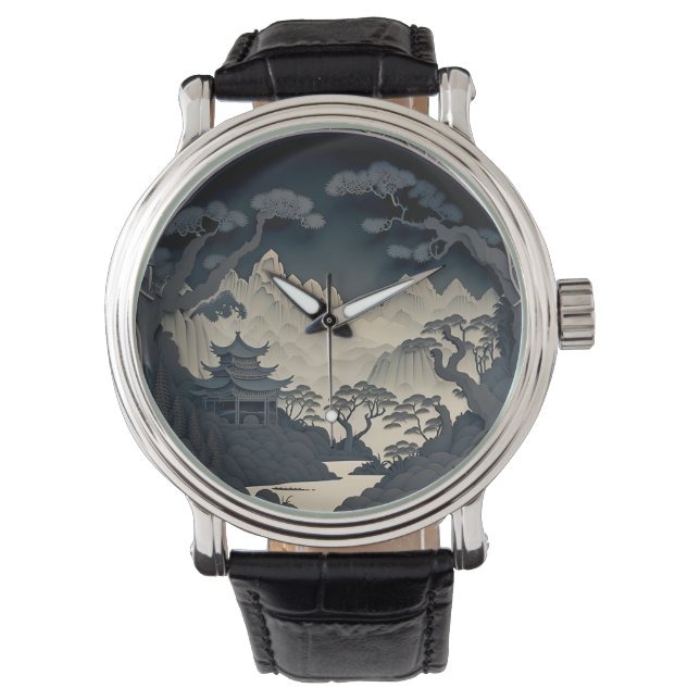 Ingelijste 3D Chinees Landschap Grijs Horloge (Voorkant)