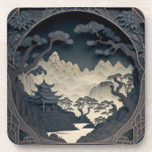 Ingelijste 3D Chinees Landschap Grijs Onderzetter (Voorkant)