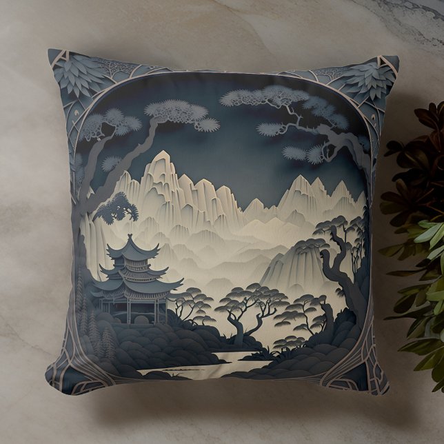 Ingelijste 3D Chinees Landschap Grijs Sierkussen (Cozy up with this beautiful pillow for ultimate comfort. )