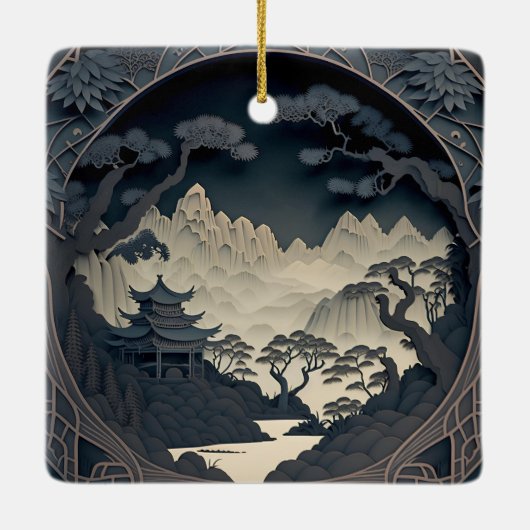 Ingelijste 3D Chinees Landschap Grijs Vierkant Orn Keramisch Ornament (Achterkant)