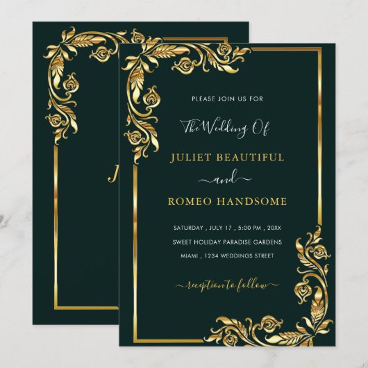 Ingelijste Black Gold Wedding Invitation Sjabloon (Voorkant / Achterkant)