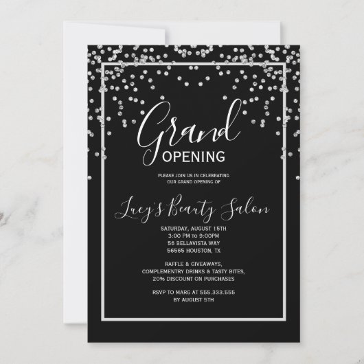Ingelijste Black & White Confetti Grand Opening Kaart (Voorkant)