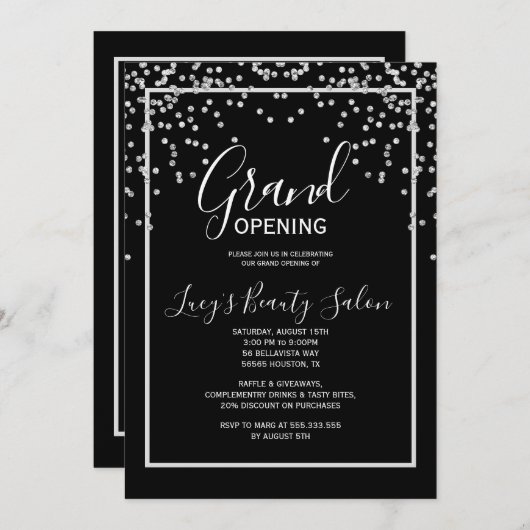 Ingelijste Black & White Confetti Grand Opening Kaart (Voorkant / Achterkant)