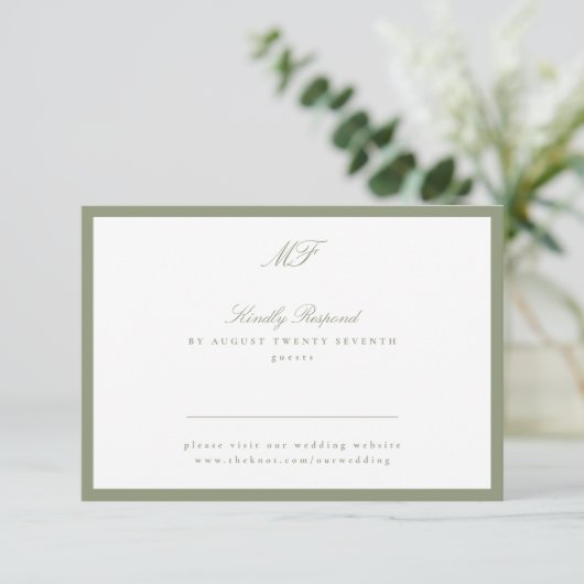 Ingelijste Classic Formal Sage Green Website Monog RSVP Kaartje (Staand voorkant)