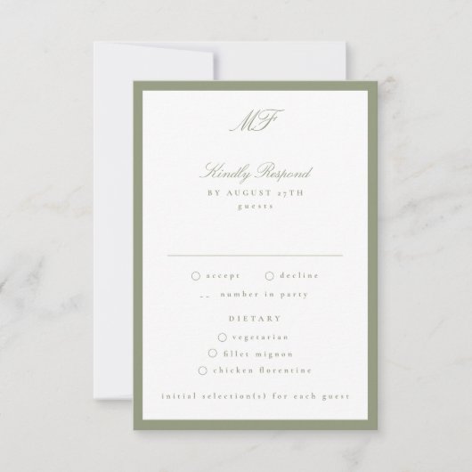Ingelijste Classic Formal Sage Green White Wedding RSVP Kaartje (Voorkant)