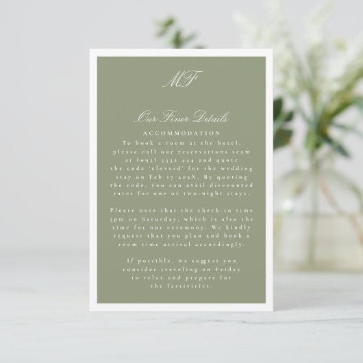 Ingelijste Classic Formal Sage Wedding Details Inf Informatiekaartje (Staand voorkant)