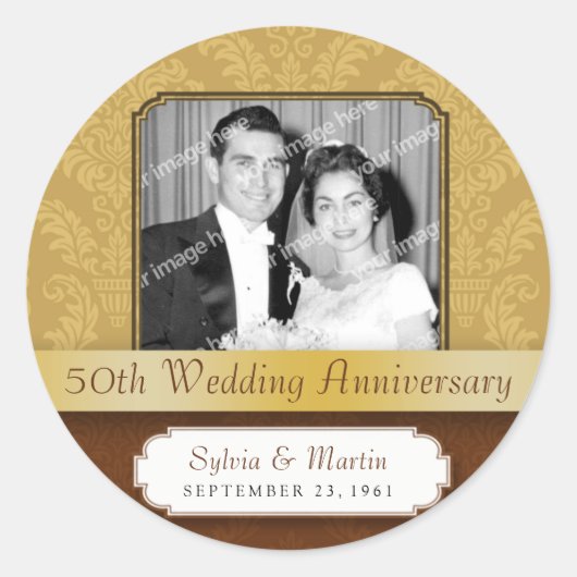 Ingelijste Damask Golden 50th Jubileum Ronde Sticker (Voorkant)