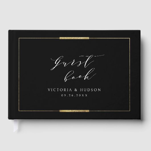 Ingelijste Elegantie Zwart Eenvoudig Modern Bruilo Gastenboek (Voorkant)