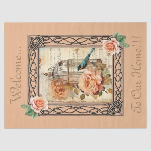 Ingelijste Floral Bird Kooi & Script Decoupage Tissuepapier (Voorkant)