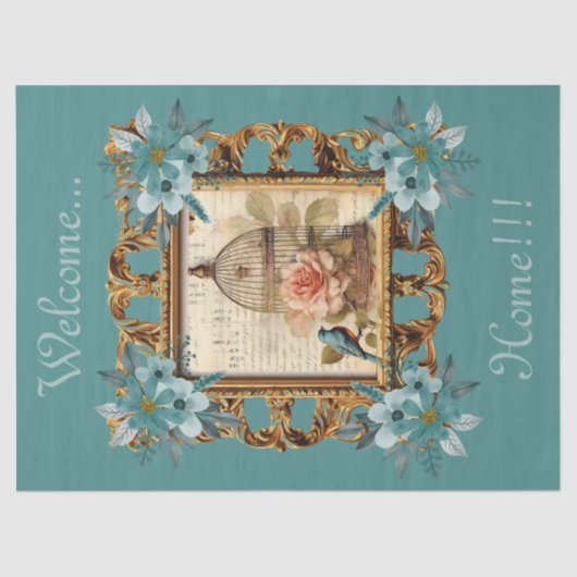Ingelijste Floral Bird Kooi & Script Decoupage Tissuepapier (Voorkant)