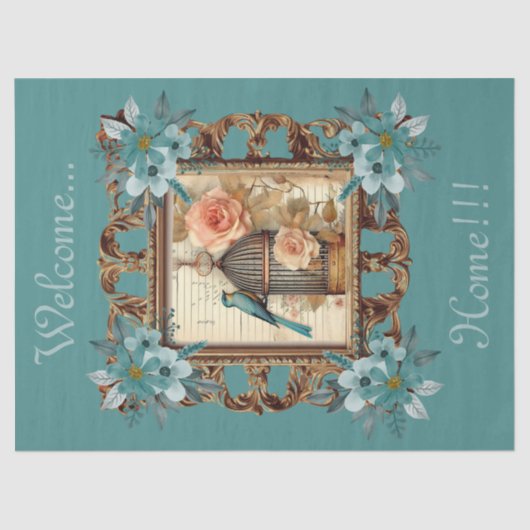 Ingelijste Floral Bird Kooi & Script Decoupage Tissuepapier (Voorkant)