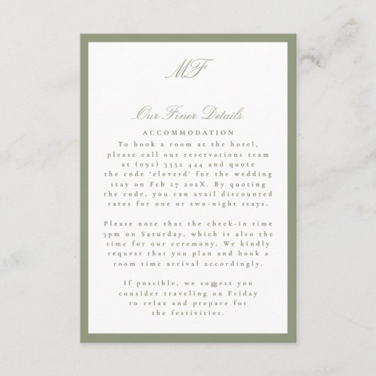 Ingelijste Formele Tuxedo Sage Wedding Details Inf Informatiekaartje (Voorkant)