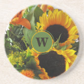 Ingelijste Monogram Mooie Zonnebloemen Zandsteen Zandsteen Onderzetter (Voorkant)
